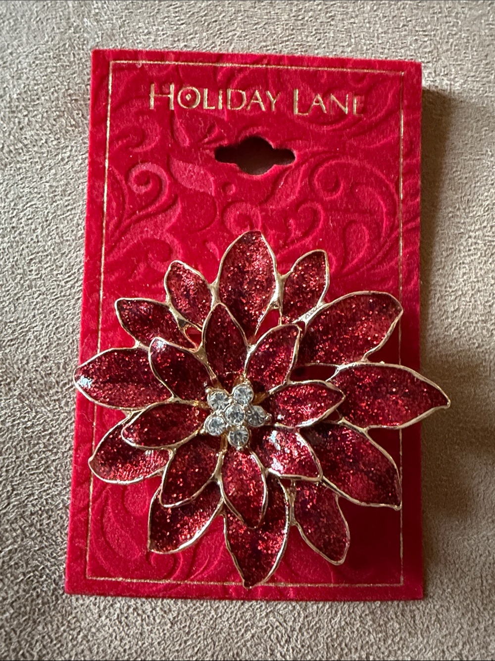 Holiday Lane Sparkling Red Poinsettia Brooch NWT